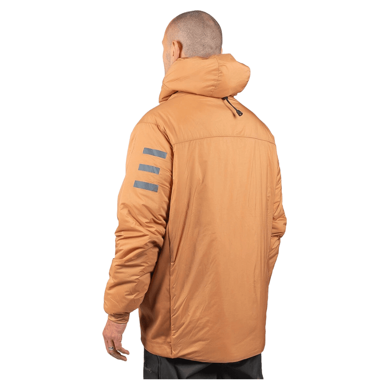 Rear view of a cane Endeavor Aeroshield insulated snowboard jacket with a hood and three grey stripes on the sleeve.