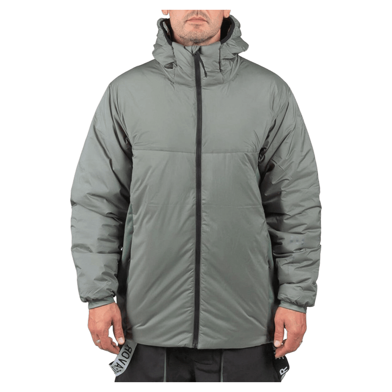 Moss green Endeavor Aeroshield Insulated Snowboard Jacket with a hood and black zipper, shown from the front.