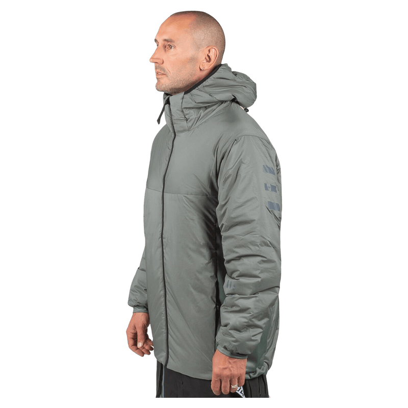 Side profile of a moss green Endeavor Aeroshield Insulated Snowboard Jacket with a hood and stripe detail on the sleeve.