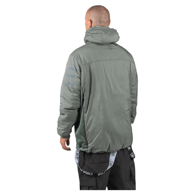 Back view of an moss green Endeavor Aeroshield Insulated Snowboard Jacket with a hood and subtle sleeve branding.