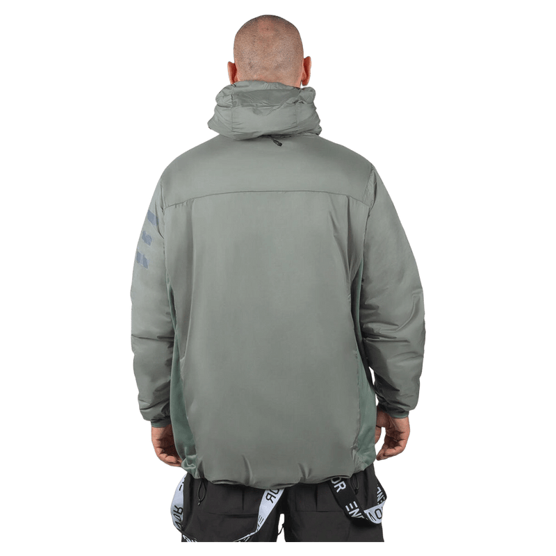 Back view of the moss green Endeavor Aeroshield insulated snowboard jacket with a hood and logo suspenders.