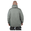 Back view of the moss green Endeavor Aeroshield insulated snowboard jacket with a hood and logo suspenders.