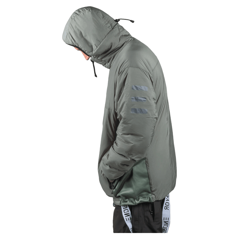 Moss green Endeavor Aeroshield insulated snowboard jacket with hood and reflective arm stripes, side profile view.