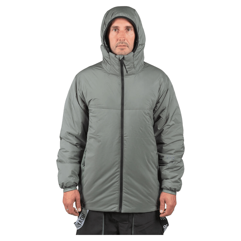 Moss green Endeavor Aeroshield Insulated Snowboard Jacket with a hood and full front zipper, front view.