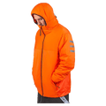 Bright orange Endeavor Aeroshield insulated snowboard jacket with hood and three reflective stripes on the sleeve.