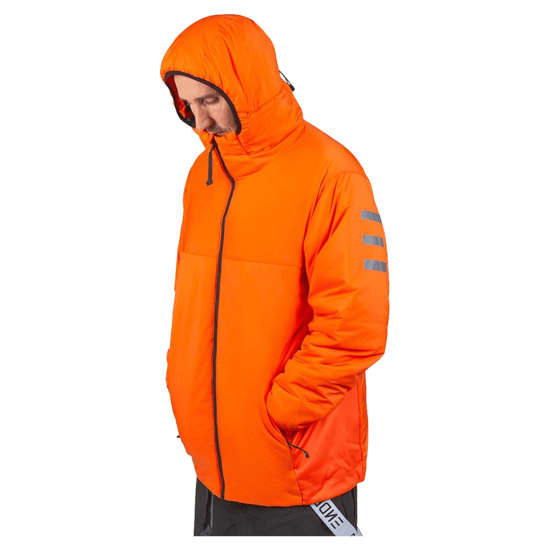 Bright orange Endeavor Aeroshield insulated snowboard jacket with hood and three reflective stripes on the sleeve.