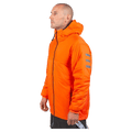 Bright orange Endeavor Aeroshield insulated snowboard jacket with hood and grey sleeve stripes, side profile view.