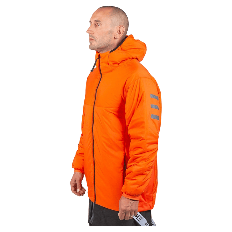 Bright orange Endeavor Aeroshield insulated snowboard jacket with hood and grey sleeve stripes, side profile view.
