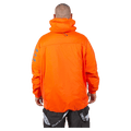 Back view of a bright orange Endeavor Aeroshield Insulated Snowboard Jacket with a hood and reflective sleeve stripes.