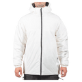 Endeavor Aeroshield white insulated snowboard jacket with a black front zipper and hood, front view.