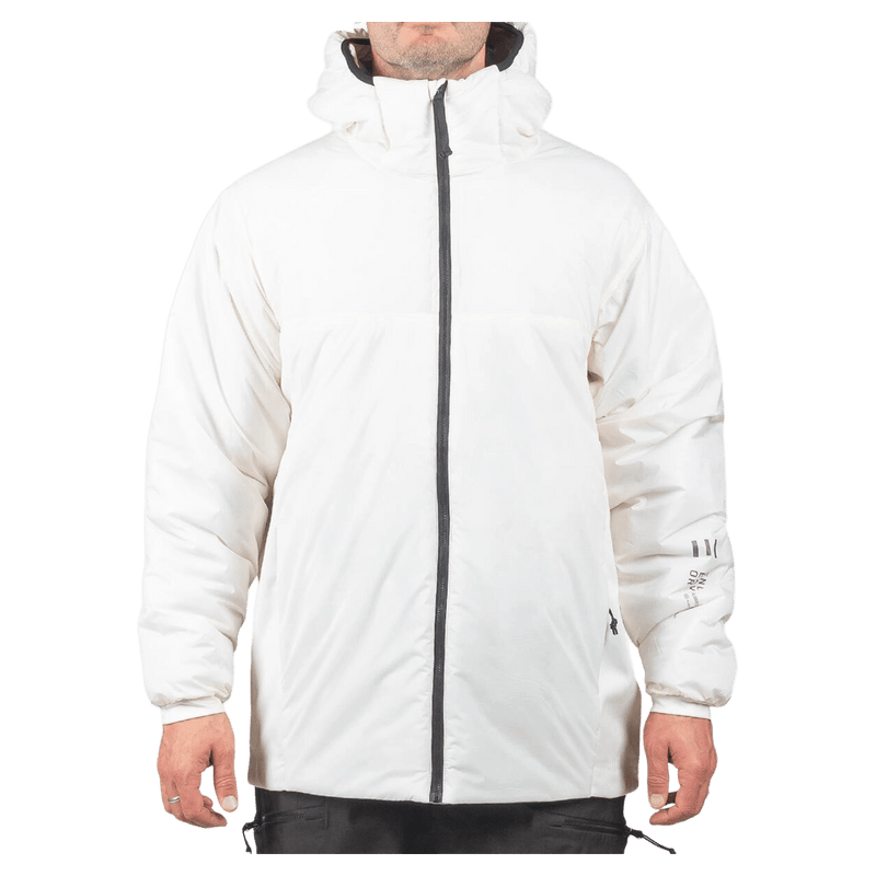 Endeavor Aeroshield white insulated snowboard jacket with a black front zipper and hood, front view.