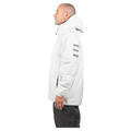 Side profile of a white Endeavor Aeroshield insulated snowboard jacket with grey sleeve stripes and a hood.