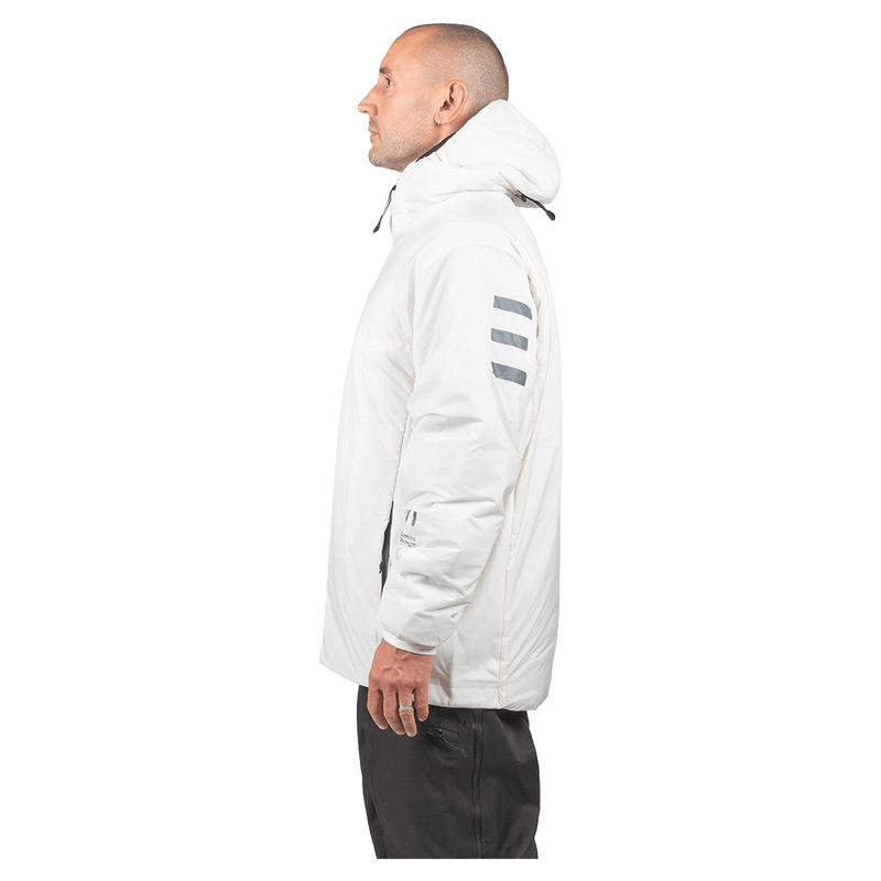 Side profile of a white Endeavor Aeroshield insulated snowboard jacket with grey sleeve stripes and a hood.
