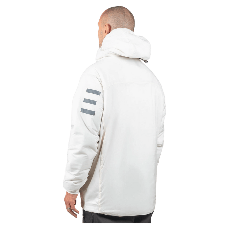 White Endeavor Aeroshield Insulated Snowboard Jacket back view with hood and three grey stripes on the left sleeve.