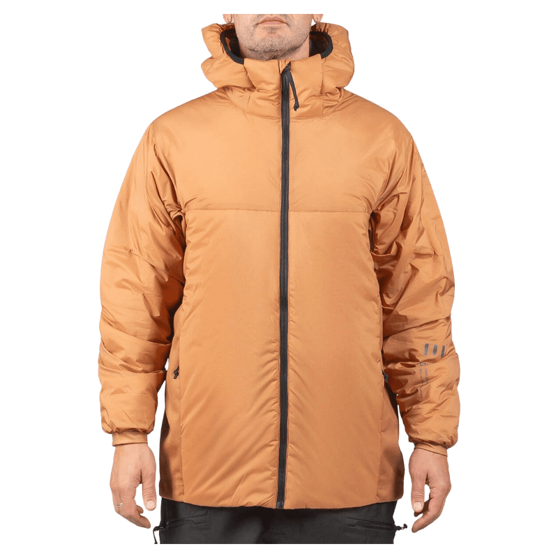 Walnut Endeavor Aeroshield Insulated Snowboard Jacket with a black front zipper and hood, shown on a person.