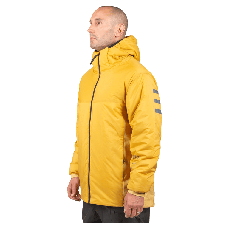 Side profile of a man in a sun yellow Endeavor Aeroshield insulated snowboard jacket with hood and grey sleeve stripes.