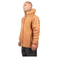 Side profile of a walnut Endeavor Aeroshield insulated snowboard jacket with a hood and grey stripes on the sleeve.