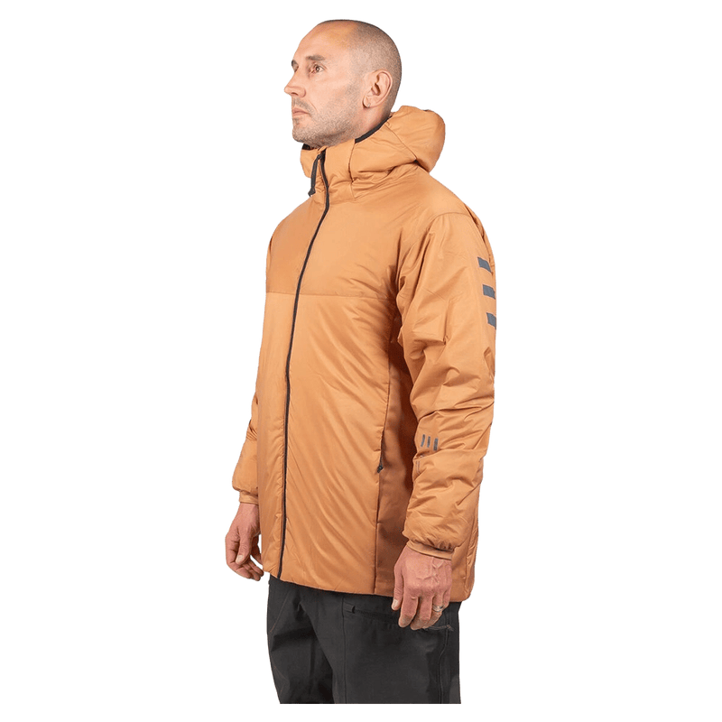 Side profile of a walnut Endeavor Aeroshield insulated snowboard jacket with a hood and grey stripes on the sleeve.