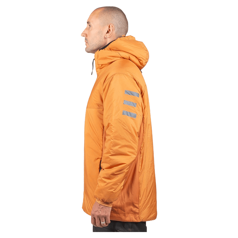 Side profile of an walnut Endeavor Aeroshield insulated snowboard jacket with a hood and three grey stripes on the arm.