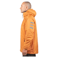 Side profile of an walnut Endeavor Aeroshield insulated snowboard jacket with a hood and three grey stripes on the arm.