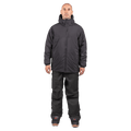 Front view of a man wearing a black Endeavor Aeroshield Insulated Snowboard Jacket with a hood and matching pants.