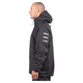 Side profile of a black Endeavor Aeroshield insulated snowboard jacket with three grey stripes on the upper arm.