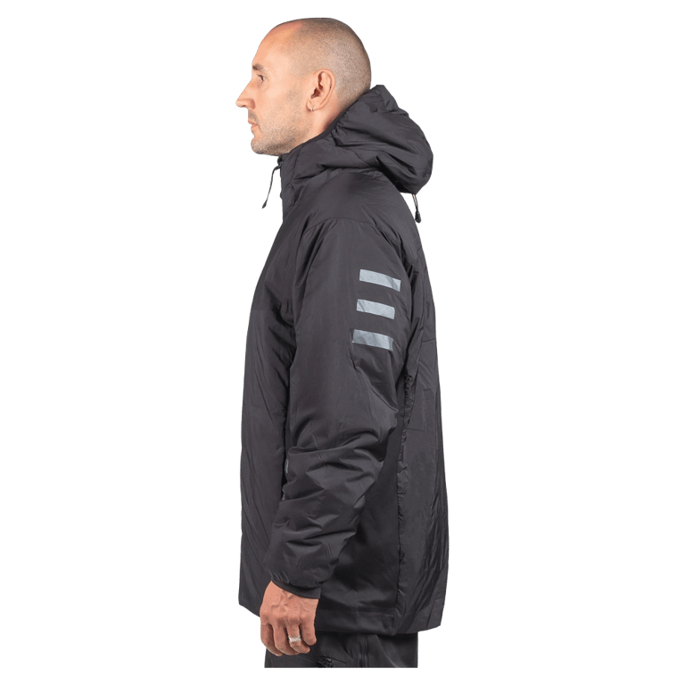 Side profile of a black Endeavor Aeroshield insulated snowboard jacket with three grey stripes on the upper arm.