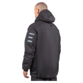 Black Endeavor Aeroshield Insulated Snowboard Jacket back view with hood and three grey stripes on the arm.