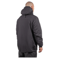 Rear view of a black Endeavor Aeroshield Insulated Snowboard Jacket with a hood and matte finish.