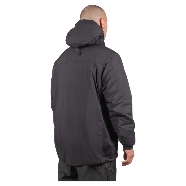 Rear view of a black Endeavor Aeroshield Insulated Snowboard Jacket with a hood and matte finish.