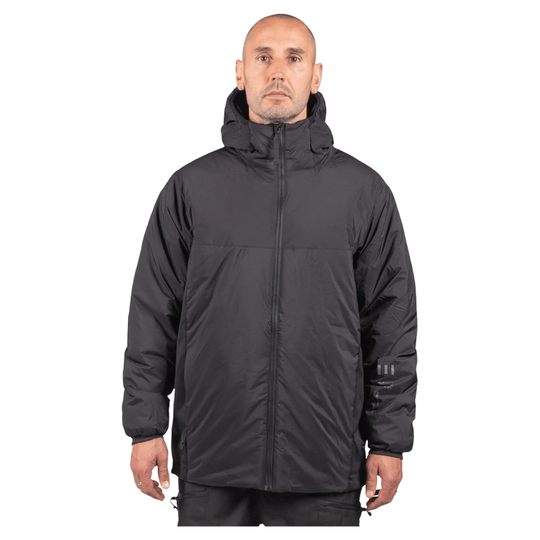 Black Endeavor Aeroshield insulated snowboard jacket with a hood and full zipper, shown on a model from the front.