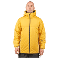 Sun yellow Endeavor Aeroshield Insulated Snowboard Jacket with a hood and black zipper, front view on a model.