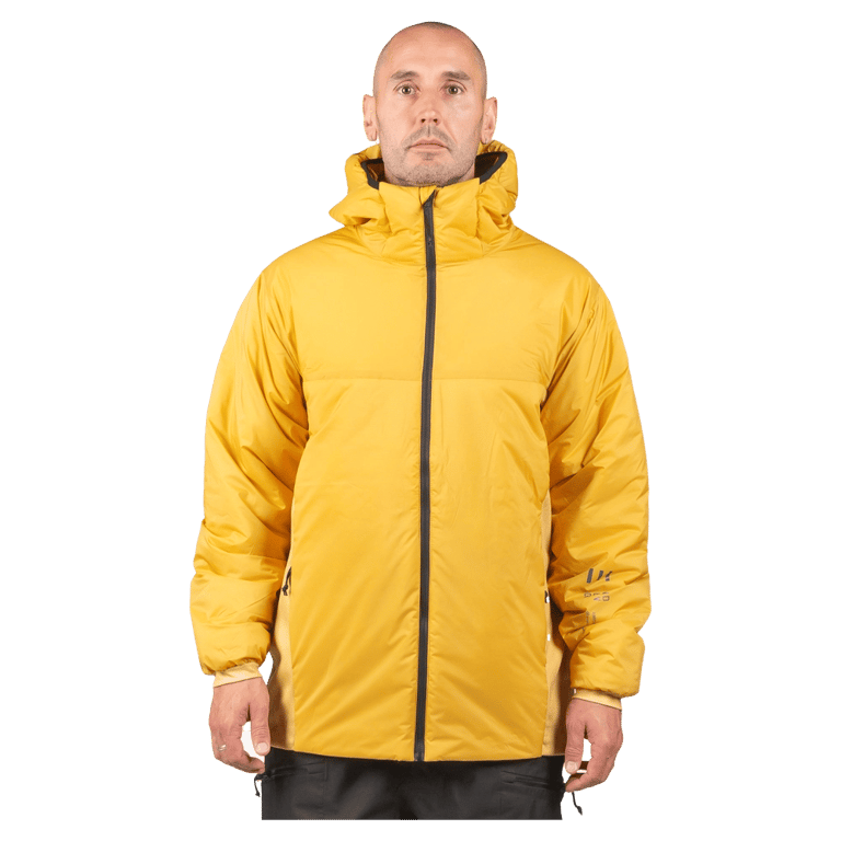 Sun yellow Endeavor Aeroshield Insulated Snowboard Jacket with a hood and black zipper, front view on a model.