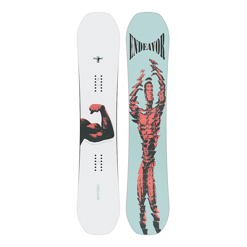 2026 Endeavor Ranger Snowboard showing white top with arm graphic and light blue base with bodybuilder illustration.