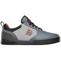 Grey mountain bike shoes with red details. 