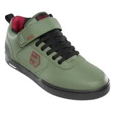 Olive green Etnies Culvert Mid mountain bike shoe with black laces, ankle strap, and red plaid interior.