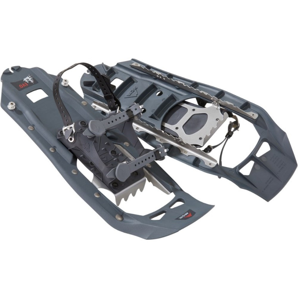 Pair of MSR Evo Trail snowshoe in grey showing top and bottom. Shows one snowshoe with extended binding and one snowshoe with crampon base