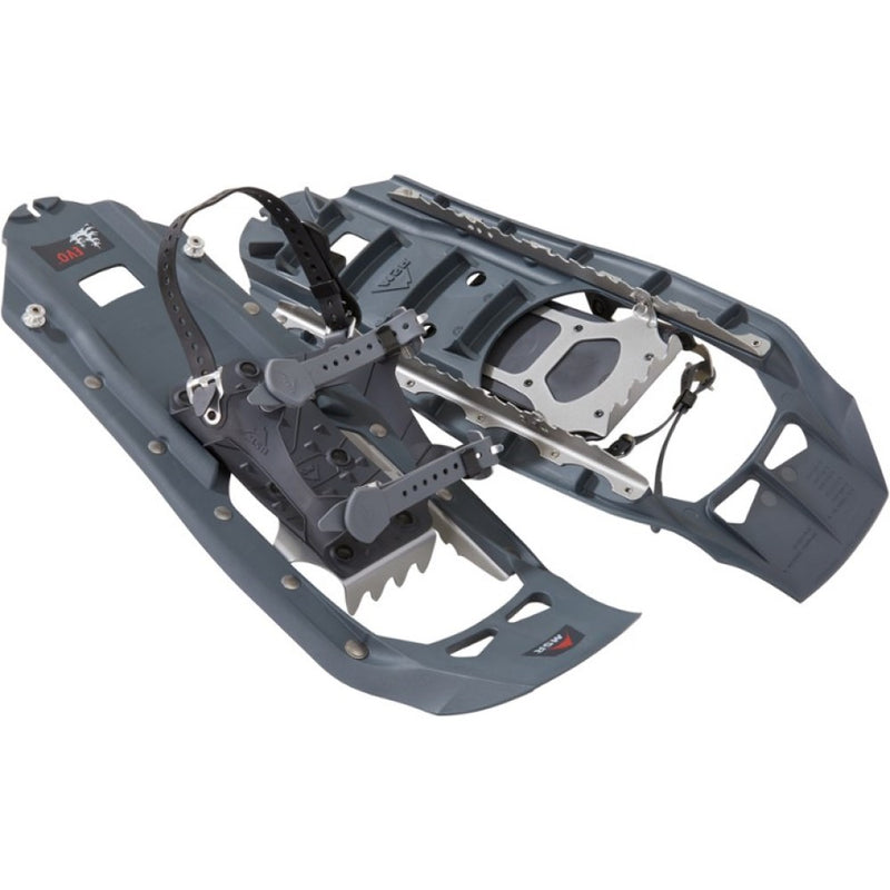 Pair of MSR Evo Trail snowshoe in grey showing top and bottom. Shows one snowshoe with extended binding and one snowshoe with crampon base