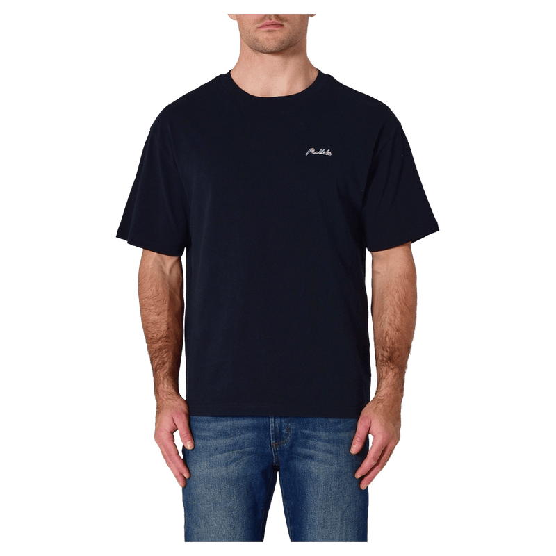 Front view of man in the Rollas Ezy Classic Tee in Colour Washed Black