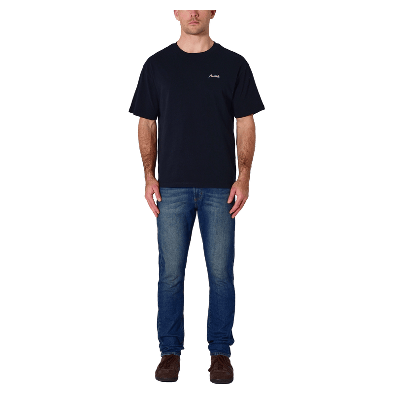 Front view of man in the Rollas Ezy Classic Tee in Colour Washed Black