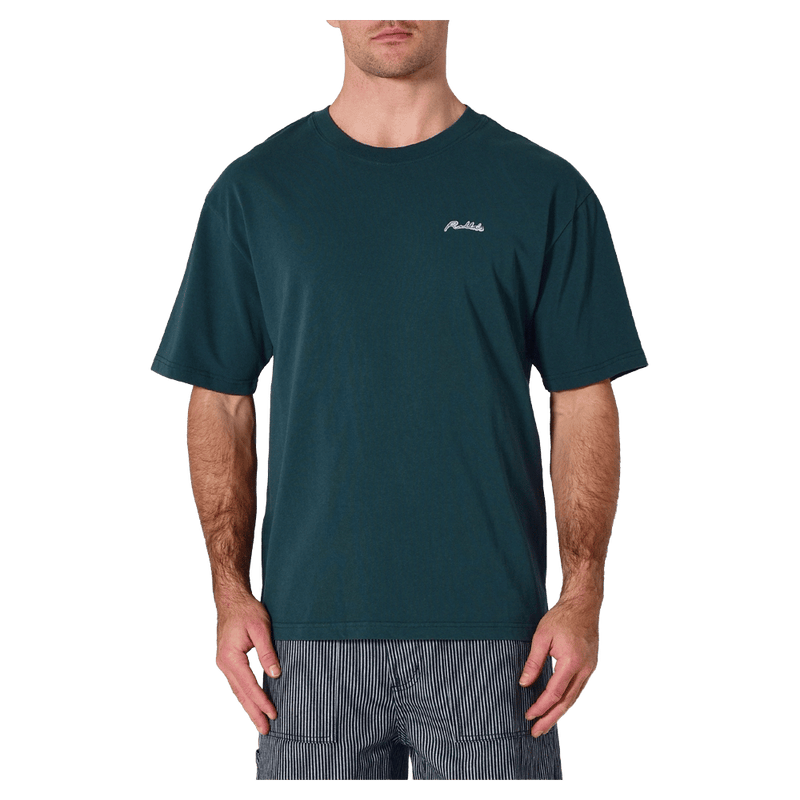 Front view of man in the Rollas Ezy Classic Tee in Colour Washed Pine