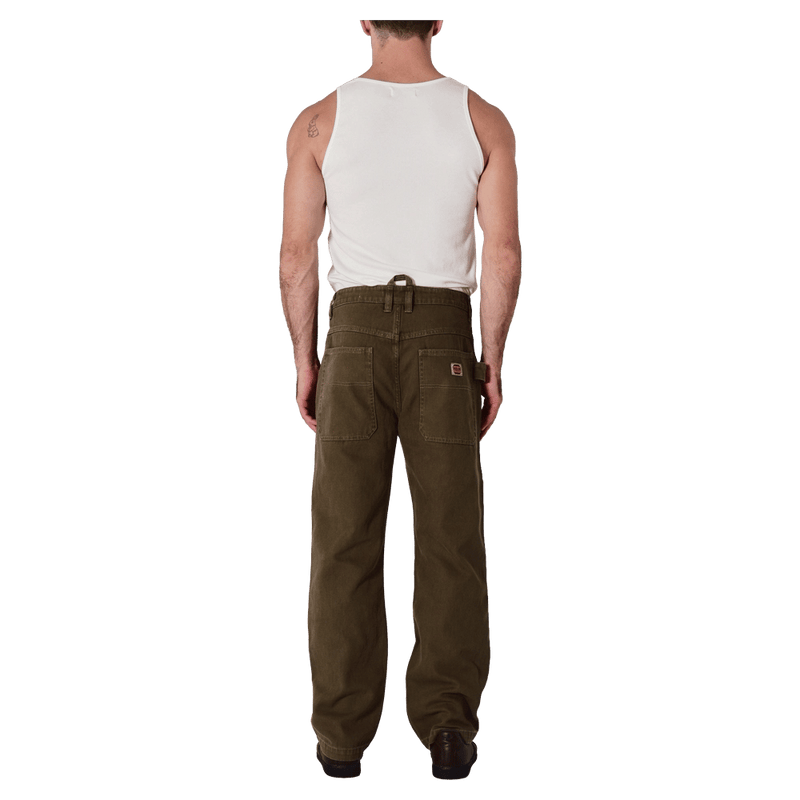 Back view of man in the Rollas Ezy Electric Jeans in colour Olive