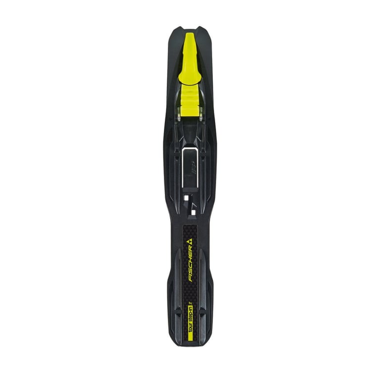 Top-down view of a black and yellow Fischer cross-country ski binding for kids' Twin Skin Race Classic skis.