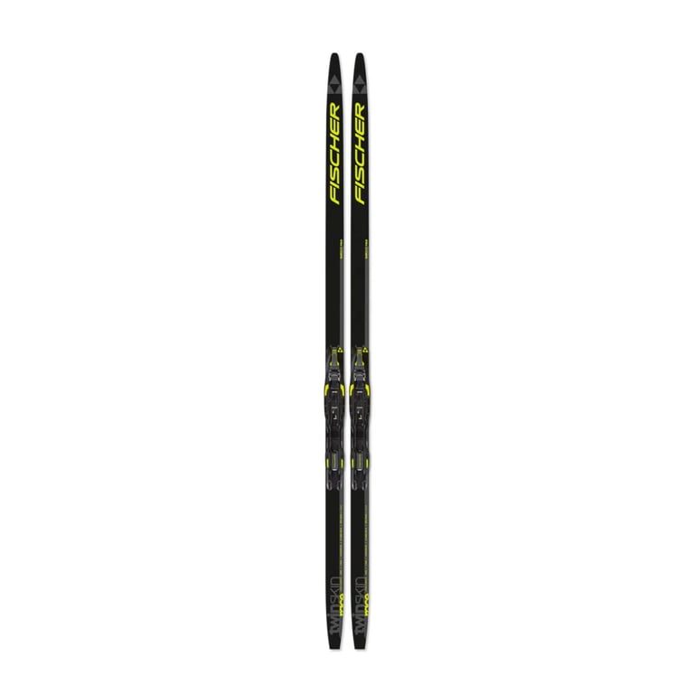 Fischer Twin Skin Race Classic kids' cross country skis in black and yellow with mounted bindings, top-down view.