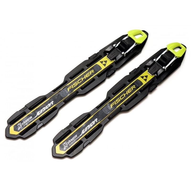 Fischer Xcelerator Junior black and yellow classic cross country ski bindings with front levers.