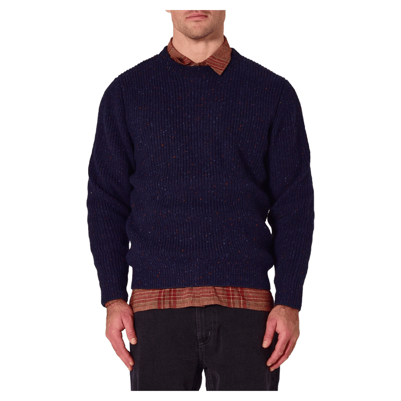 Front view of man in the Rollas Fishermans Tweed Crew in colour Dark Navy