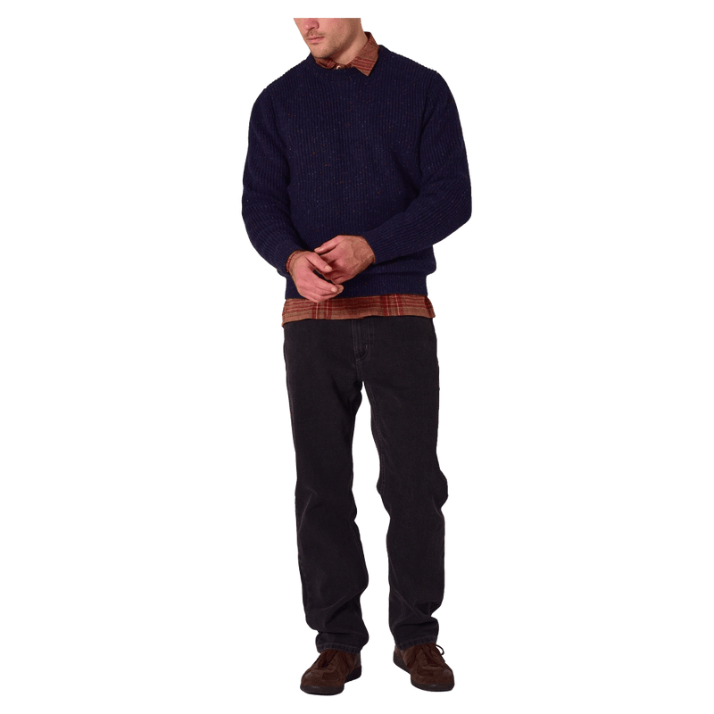 Front view of man in the Rollas Fishermans Tweed Crew in colour Dark Navy