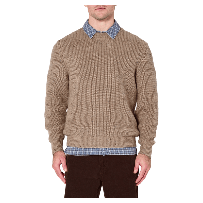Front view of man in the Rollas Fishermans Tweed Crew in colour Linseed