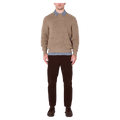 Front view of man in the Rollas Fishermans Tweed Crew in colour Linseed