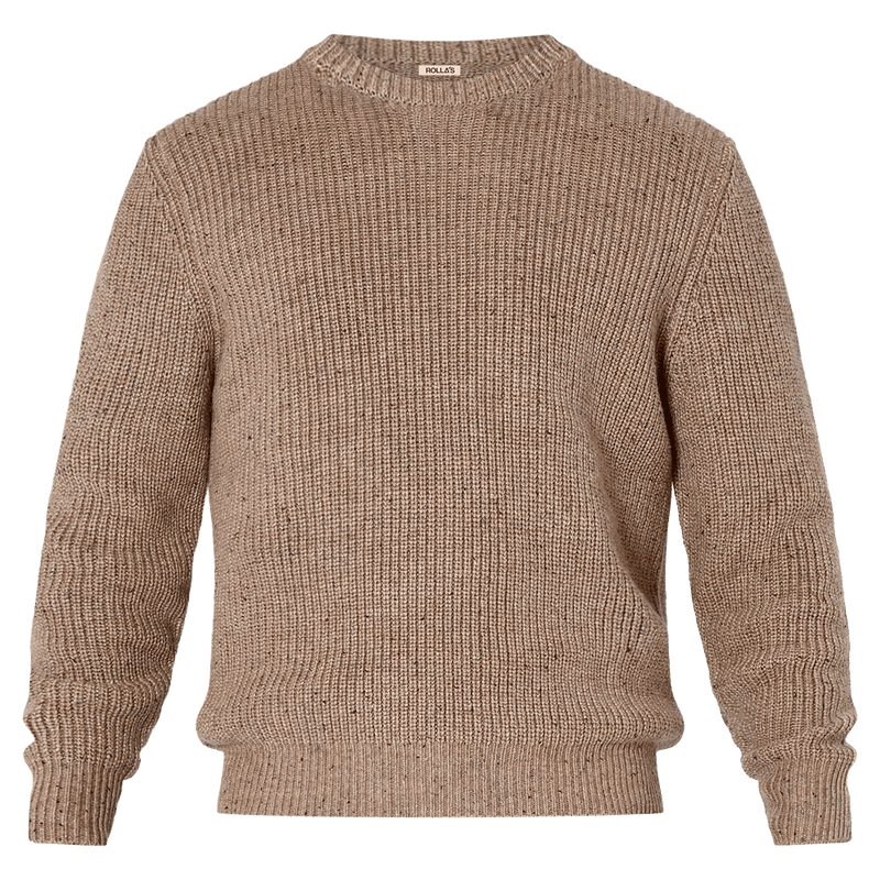 Full view of man in the Rollas Fishermans Tweed Crew in colour Linseed